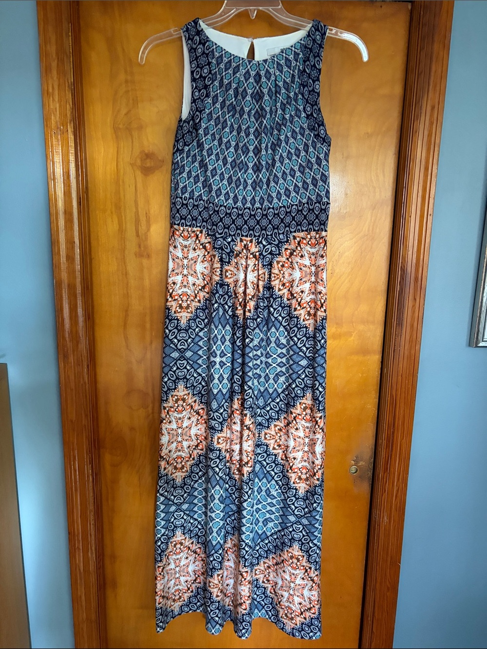 Sleeveless Navy & Orange Patterned Maxi Jumpsuit